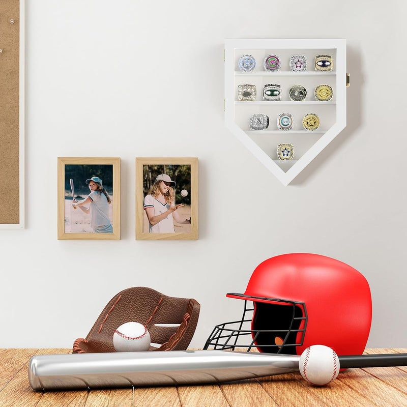 TJMOREE Championship Ring Display Case, 12 Ring Posts Baseball Ring Display Case, Wall Mount Wooden Glass Shadow Box with Locks to Show Sport, Class, Fraternity, and Award Rings - White - Image 5